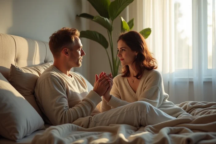Couple tenant la main dans une chambre lumineuse, homme exprimant de l'affection et de la présence émotionnelle, scène romantique authentique