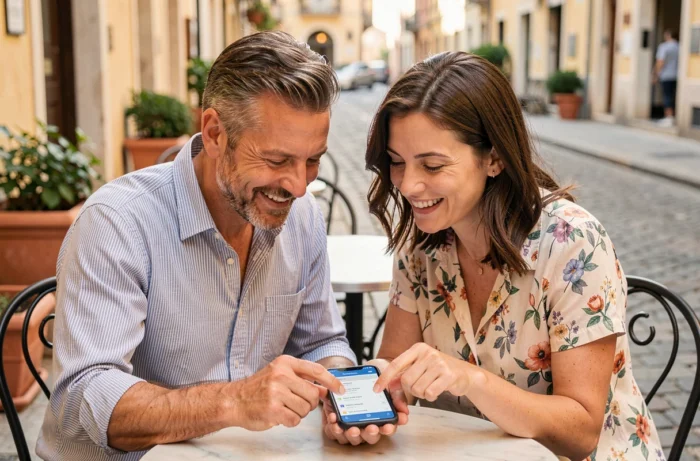 Couple planifiant leurs loisirs et sorties en ville grâce à une application sur smartphone en terrasse de café