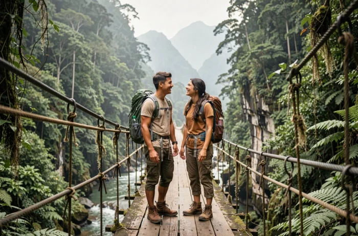 Couple de randonneurs riant sur un pont suspendu au-dessus d'un canyon tropical en Asie du Sud-Est