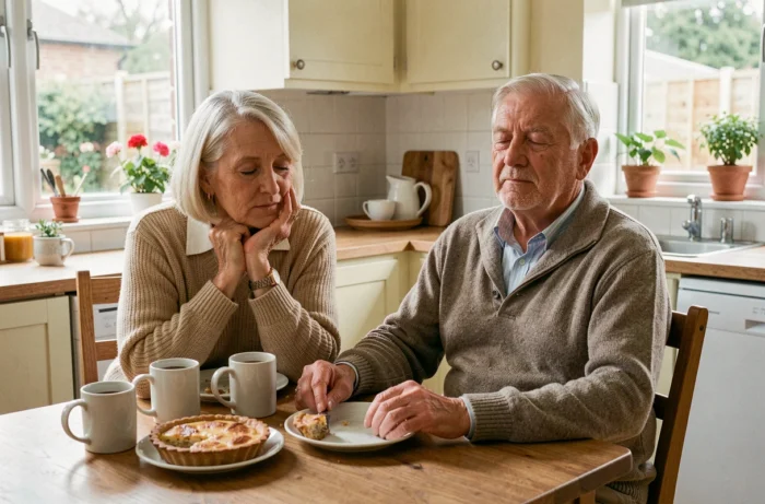Un couple de seniors aux yeux fermés partageant un moment de repos silencieux à la table de cuisine, illustrant les habitudes naturelles des personnes âgées