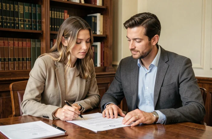 Couple signant des documents légaux chez un notaire français pour une union officielle