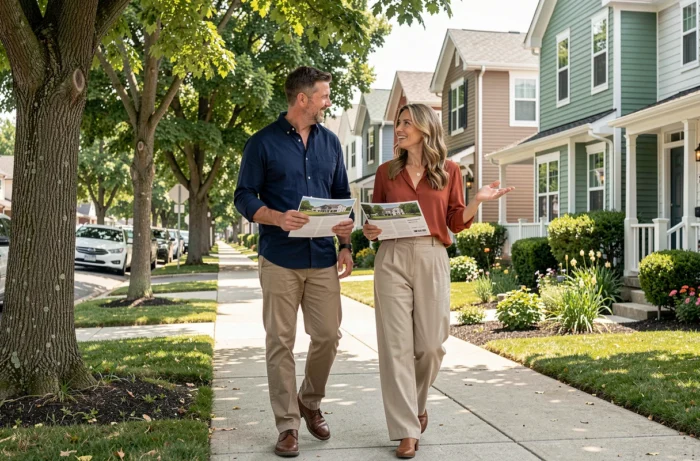Un couple se promenant dans un quartier résidentiel arboré en examinant des annonces immobilières pour trouver leur maison familiale