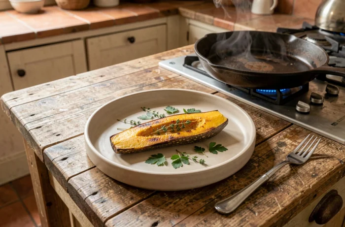 Recette express de courge longue de Nice poêlée, servie sur une assiette en céramique dans une cuisine rustique française