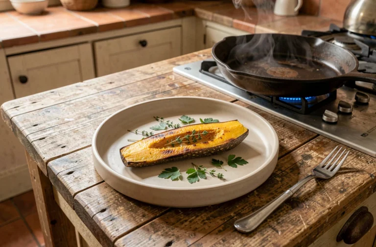 Recette express de courge longue de Nice poêlée, servie sur une assiette en céramique dans une cuisine rustique française
