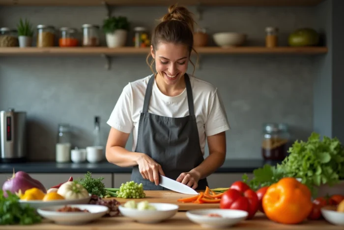 Une personne préparant un batch cooking créatif en trente minutes, entourée d'ingrédients colorés et de contenants en verre dans une cuisine moderne