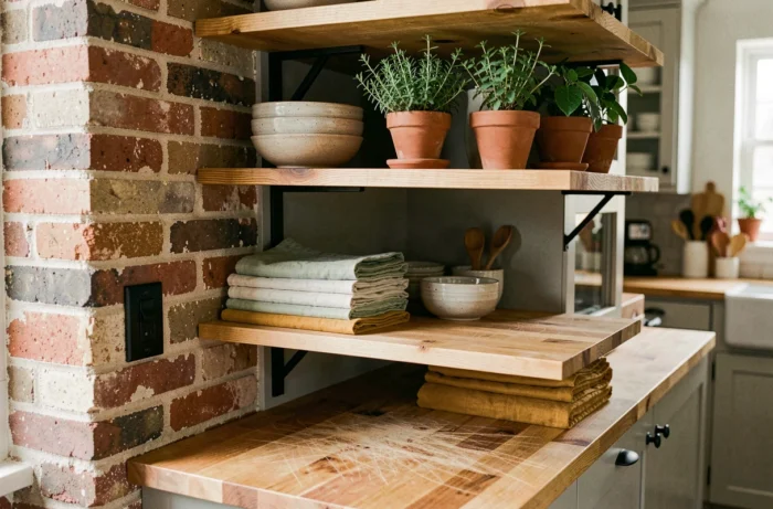Étagères de cuisine rustique avec céramiques artisanales, herbes en pot et plan de travail en bois massif pour une décoration maison chaleureuse