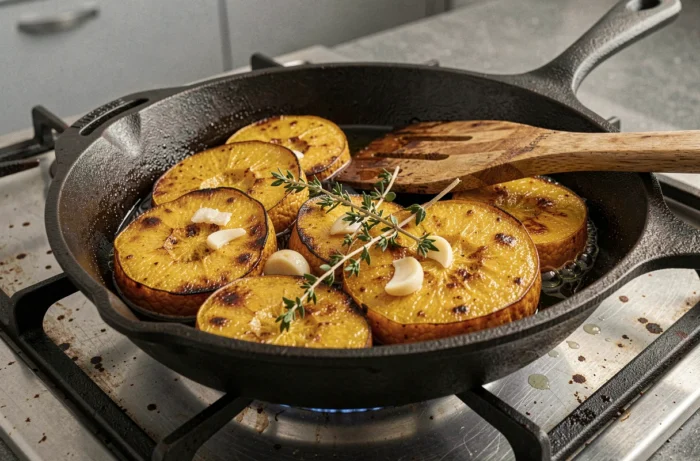 Tranches de courge longue de Nice dorées dans une poêle en fonte avec de l'huile d'olive, de l'ail et du thym