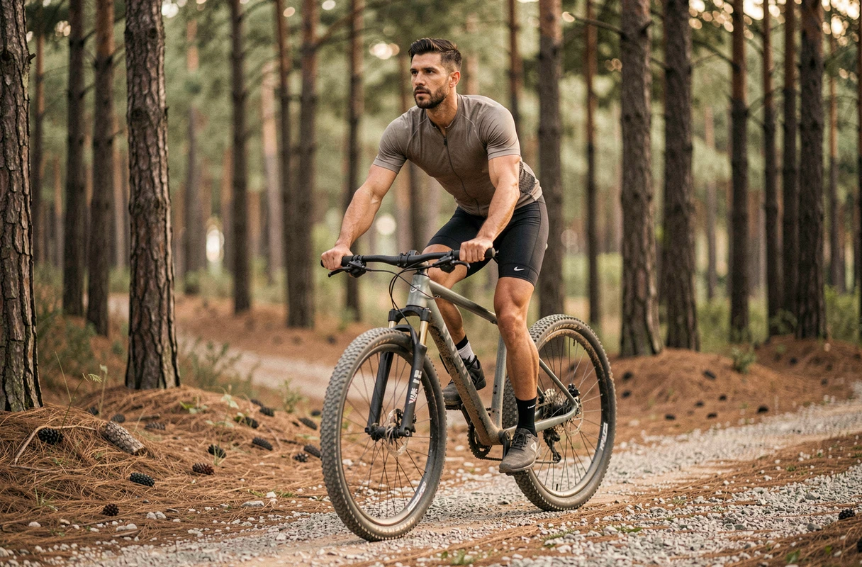 Cycliste sur un vélo gravel GRVL 120 sur un chemin de terre en forêt de pins