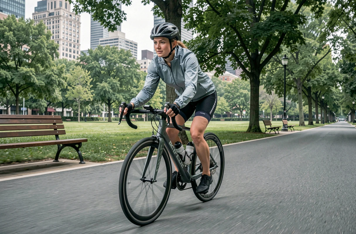 Femme cycliste sur un vélo de route Triban RC 120 sur une piste cyclable en parc urbain