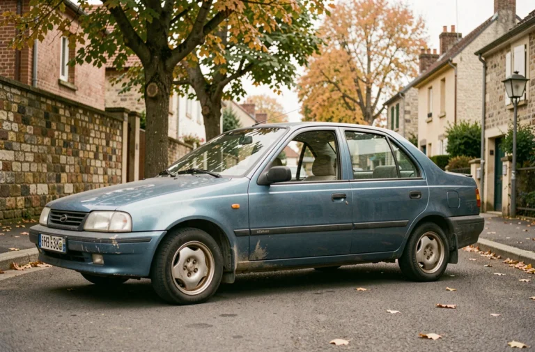 Daewoo Lanos bleue des années 90 garée dans une rue pavillonnaire française en automne