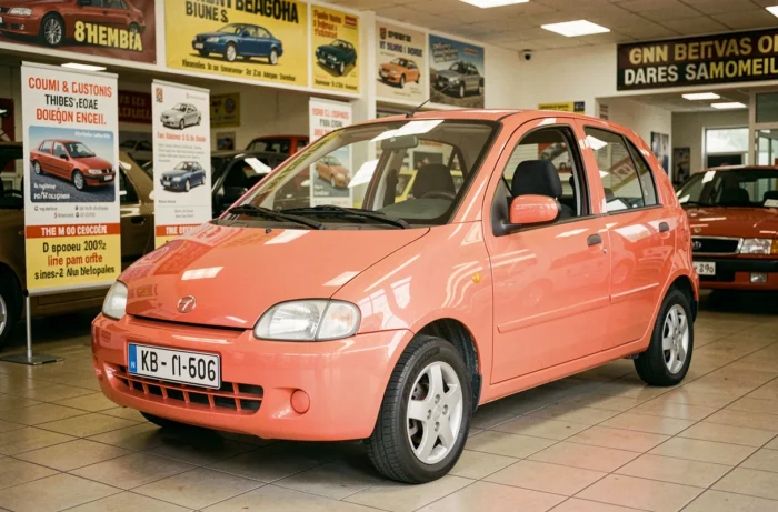 Daewoo Matiz rouge exposée dans un showroom automobile européen des années 1990