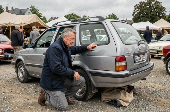 Homme examinant une Daewoo Nubira break dans un marché de voitures anciennes en France