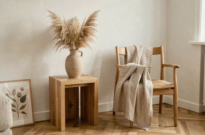 Coin salon décoré avec un vase en céramique, un jeté en lin et un cadre botanique pour sublimer l'intérieur à petit prix