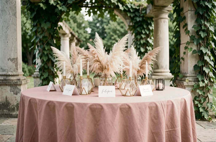 Décoration de table de mariage en plein air avec pivoines séchées, bougeoirs dorés et linge rose poudré pour inspiration de thème