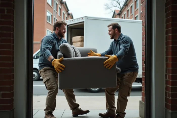 Deux déménageurs portant un canapé lourd à travers l'entrée d'un immeuble résidentiel lors d'un déménagement