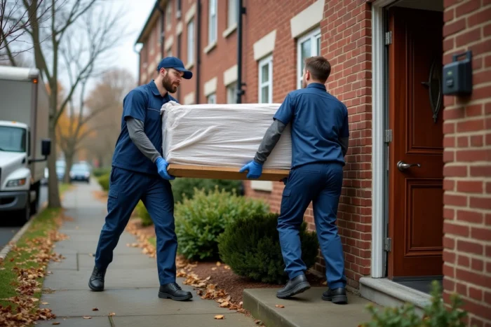 Deux déménageurs professionnels portant un canapé emballé hors d'une maison de ville le jour du déménagement