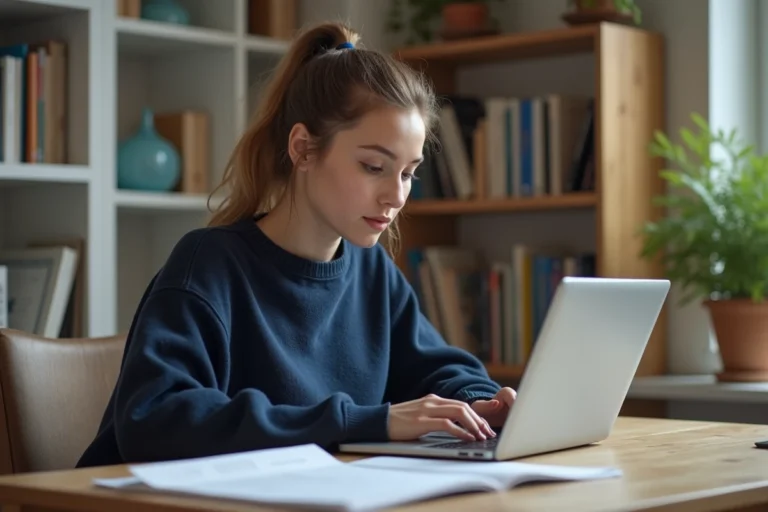 Jeune femme déposant un dossier de candidature universitaire en ligne sur un ordinateur portable depuis son bureau à domicile