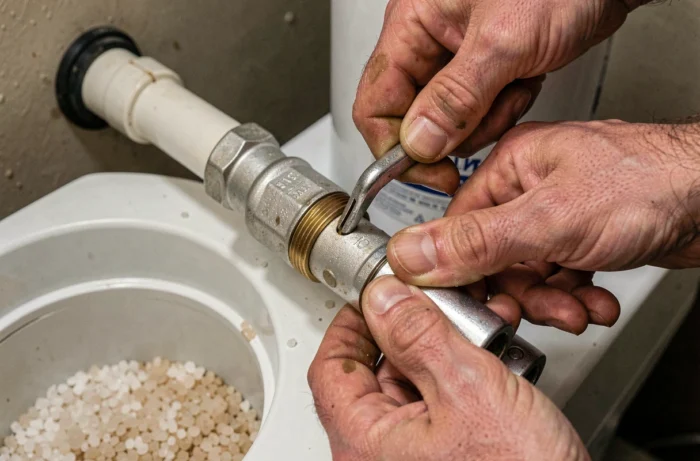Gros plan sur des mains serrant le robinet bypass d'un adoucisseur d'eau avec une clé