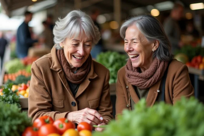 Deux femmes souriantes de plus de 60 ans partageant un moment complice au marché fermier entre amies
