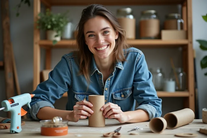 Une personne réalisant un projet DIY récup dans un appartement, assemblant des matériaux de récupération sur une table de travail créative