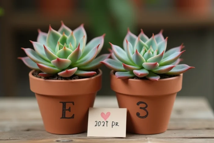 Duo de succulentes en pots gravés aux initiales des mariés présentés comme cadeau de mariage