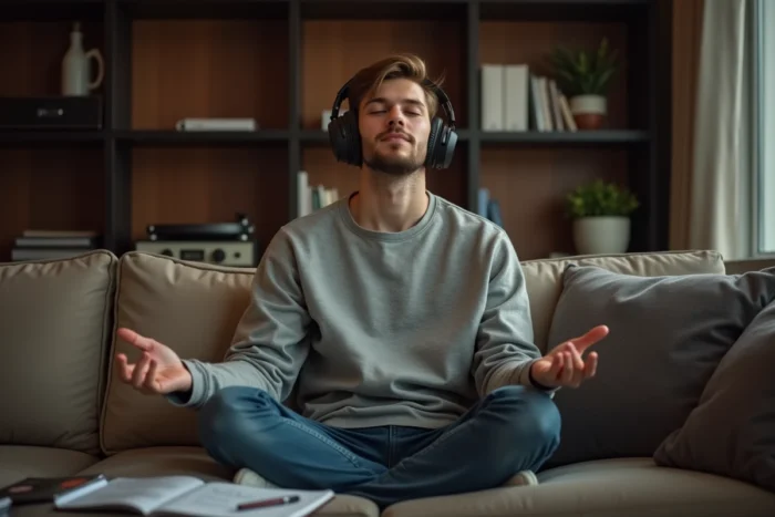 Un jeune homme pratiquant l'écoute musicale active avec un casque audio sur-oreille, assis en tailleur sur un canapé dans un appartement