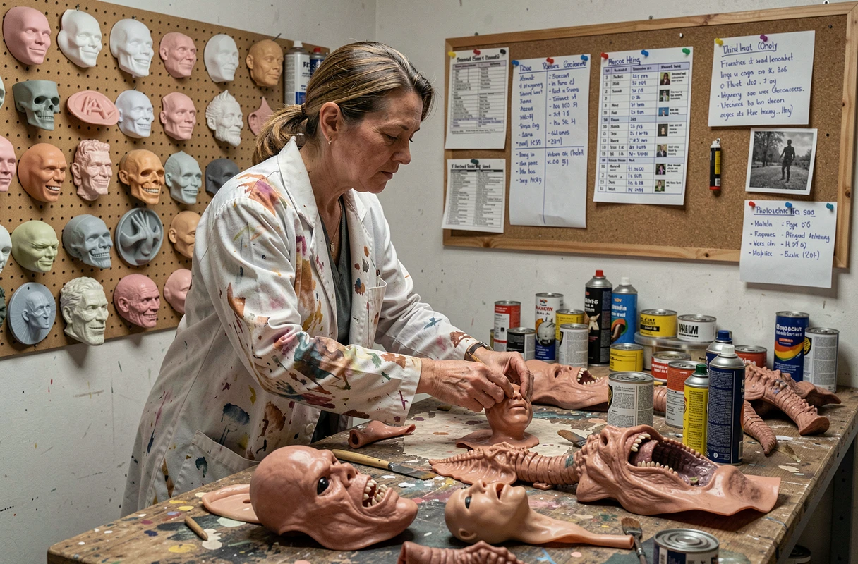 Artiste en effets spéciaux pratiques travaillant sur des prothèses de créatures dans un atelier de tournage de film série Z