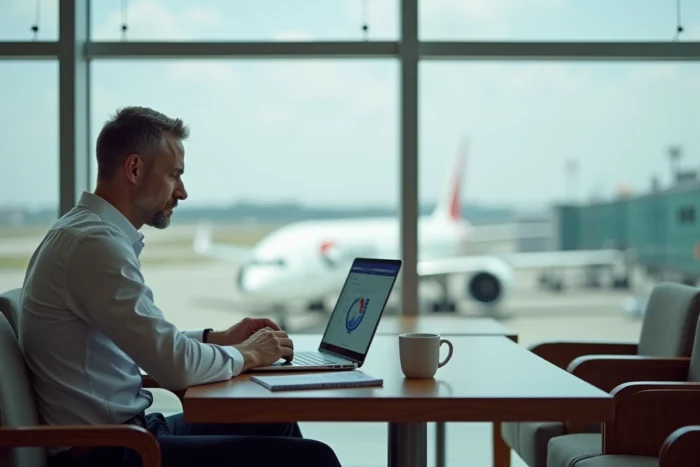 Employé Air France consultant le portail IPN en ligne depuis un espace lounge d'aéroport avec ordinateur portable