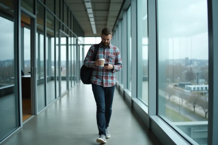 Employé utilisant son téléphone personnel dans le couloir d'une entreprise au Québec