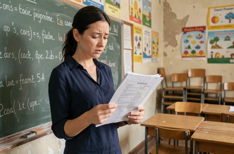 Enseignante du primaire consultant un document administratif dans sa salle de classe, illustrant les enjeux du pacte enseignant en 2026