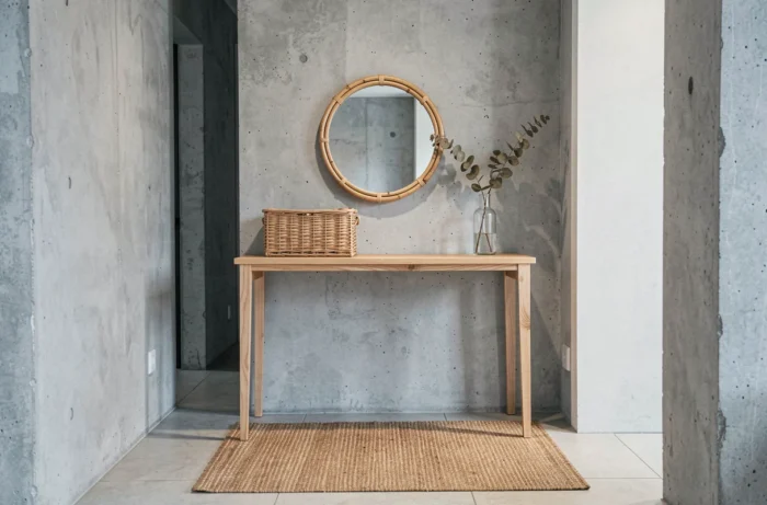Console d'entrée minimaliste avec panier tressé, miroir en bambou et eucalyptus séché pour une décoration d'entrée épurée