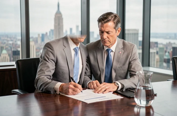 Entrepreneur en costume gris clair examinant des documents dans une salle de réunion new-yorkaise avec vue sur Manhattan en arrière-plan