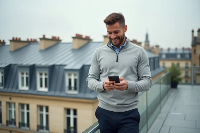 Entrepreneur digital sur une terrasse parisienne consultant son téléphone avec vue sur les toits de Paris