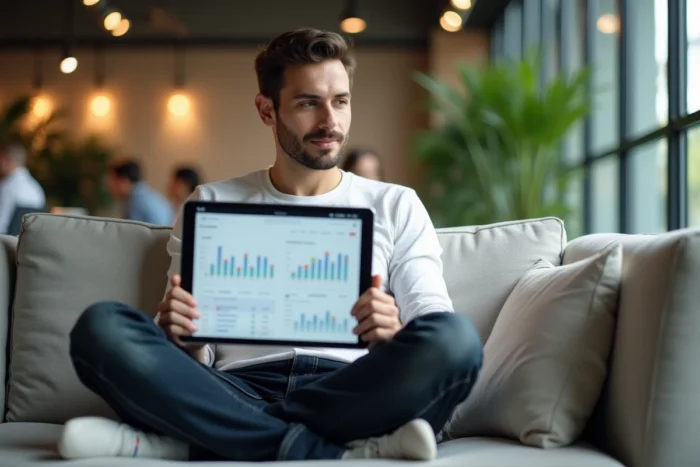 Jeune entrepreneur consultant les performances de son site web sur une tablette dans un espace de travail moderne