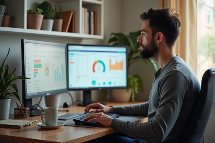 Entrepreneur en télétravail gérant son activité depuis un bureau à domicile avec une solution logicielle intégrée