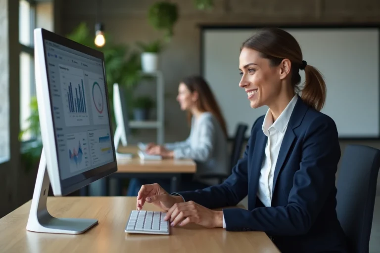 Entrepreneuse utilisant une plateforme tout-en-un sur un écran ultrawide dans un espace de coworking moderne