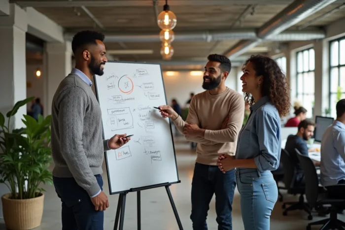 Équipe de professionnels engagés dans une séance de brainstorming collaboratif illustrant les principes de leadership inspirés de Maxwell