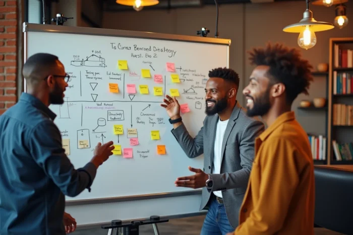 Équipe de professionnels travaillant ensemble sur une stratégie de visibilité web autour d'un tableau blanc