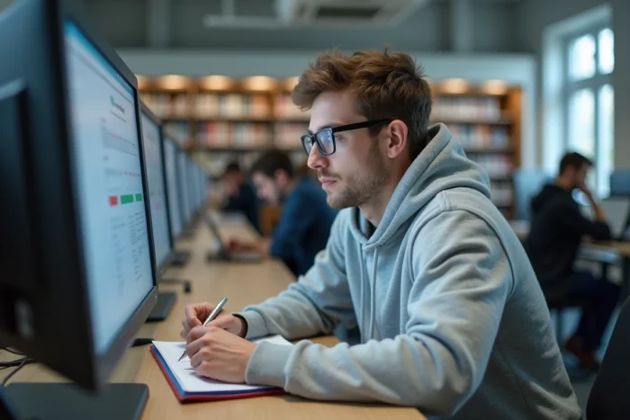 Étudiant consultant le portail eCandidat sur un ordinateur de bureau dans une bibliothèque universitaire