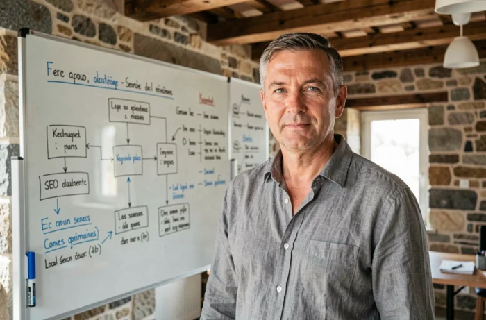 Expert en référencement SEO présentant une stratégie de visibilité locale pour des entreprises de la Drôme dans une agence digitale