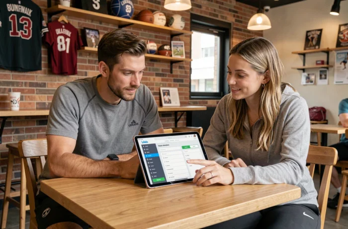 Deux sportifs explorant ensemble le plan du site Esprit Sport sur une tablette dans un café urbain