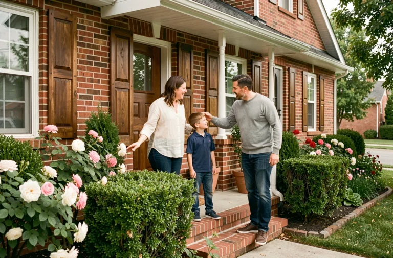 Une famille heureuse devant la façade d'une maison individuelle avec jardin fleuri, symbolisant le choix de la maison idéale