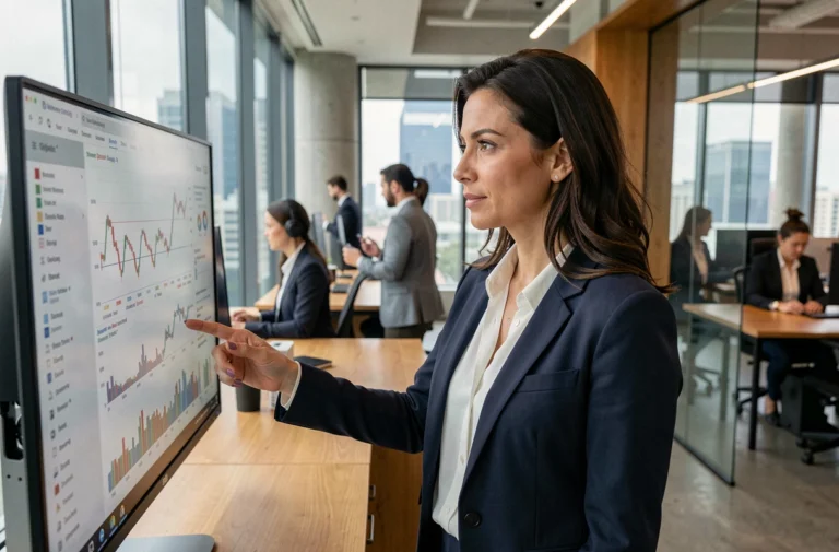 Femme d'affaires analysant des tendances de marché sur un écran dans un bureau moderne en 2024