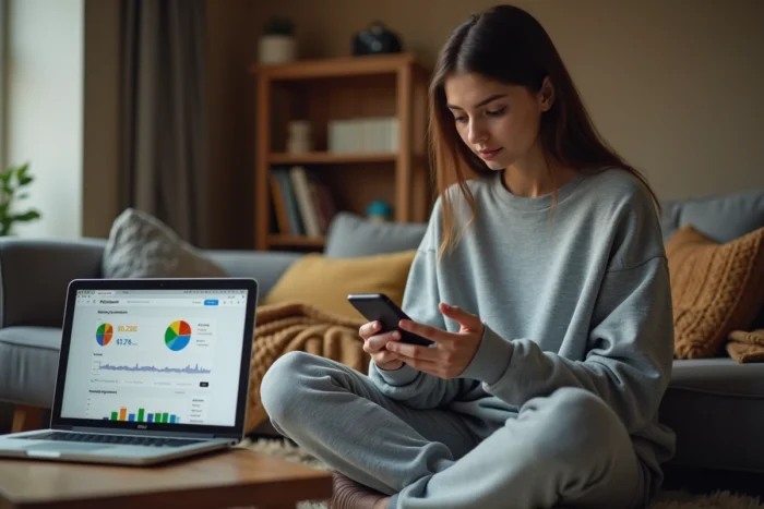 Jeune femme analysant ses dépenses de jeux vidéo sur smartphone avec application de suivi budgétaire