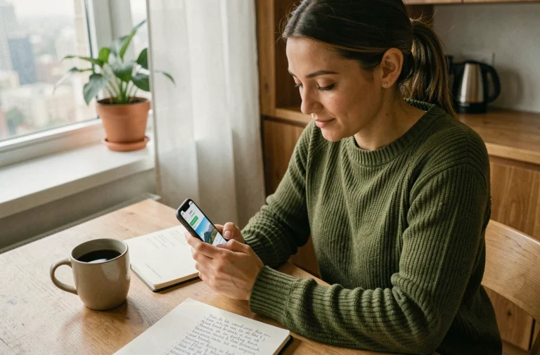 Femme utilisant une application mobile pour organiser ses loisirs et escapades depuis son appartement