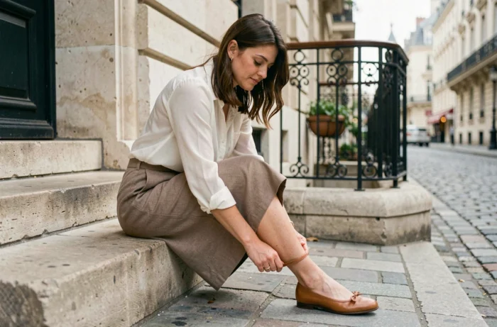 Femme portant des ballerines San Marina assise sur des marches en pierre à Paris