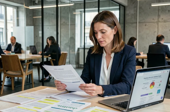 Femme professionnelle examinant des documents de formation professionnelle dans un bureau moderne à Paris