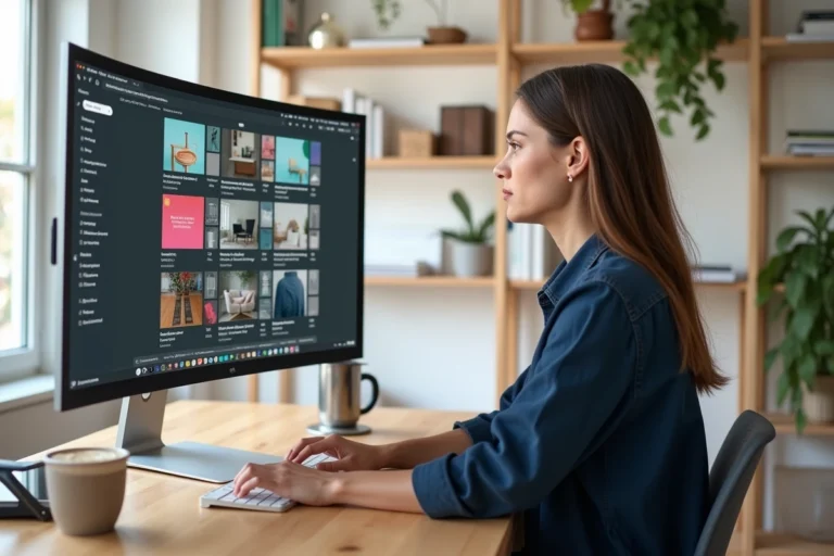 Femme consultant une liste d'articles web et digital sur un grand écran dans un bureau moderne
