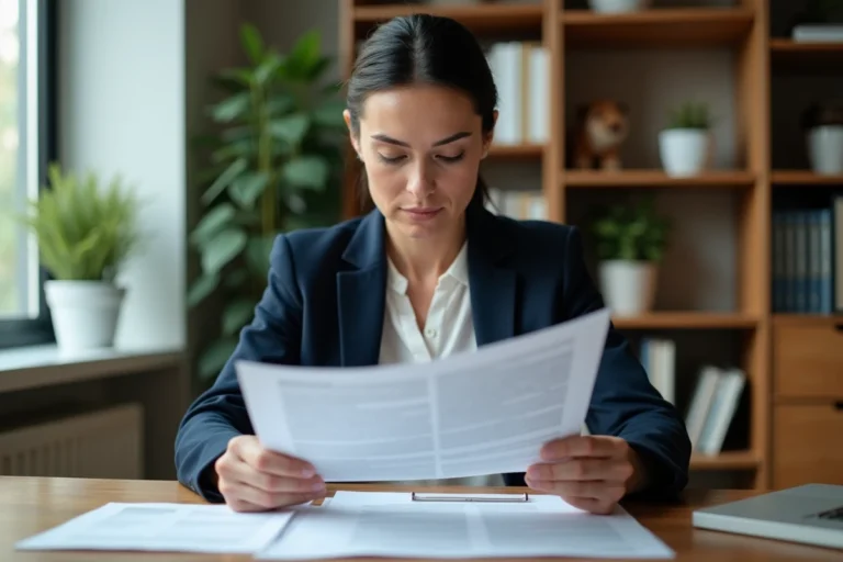Femme d'affaires consultant un contrat d'assurance vie à son bureau à domicile