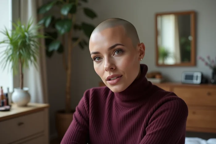 Femme avec le crâne rasé analysant la forme de son visage devant une coiffeuse dans une chambre moderne